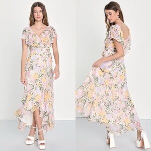 NWOT Lulus Elevated Sweetie Light Pink Floral Ruffled High-Low Wrap Dress
